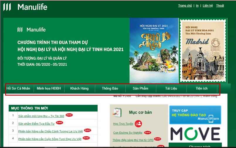 Giao diện trang chủ hệ thống đaily manulife sau khi login